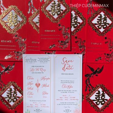 Thiệp cưới màu đỏ truyền thống  Hoa văn truyền thống  Hoạ tiết chữ hỷ