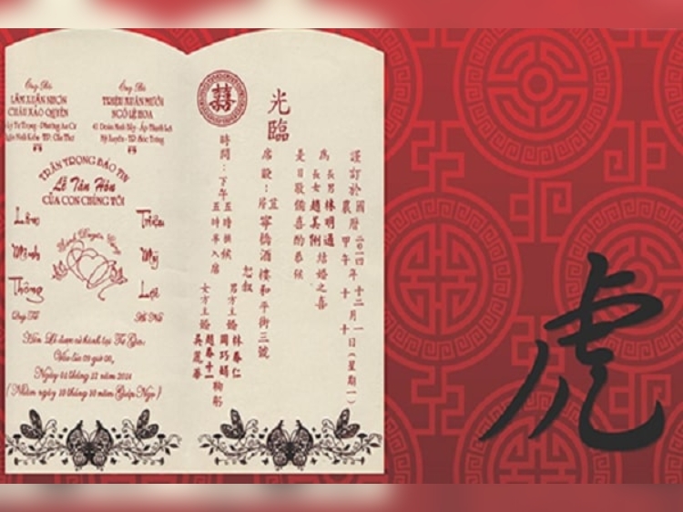 Mẫu thiệp cưới song ngữ tiếng Trung cổ truyền tinh tế